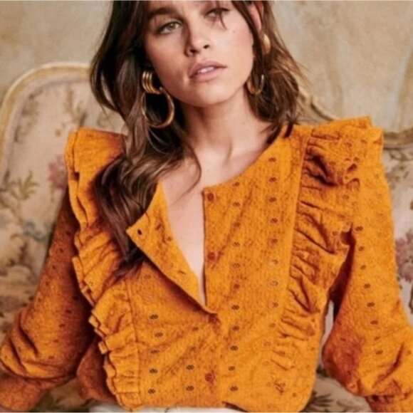 Sezane Bobby Blouse Saffron Yellow Gold Womens Size 34 French US 2 Top Bohemian - Picture 15 of 15